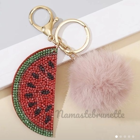 Rhinestone Watermelon Pom Pom Keychain Bag Charm - Picture 3 of 17